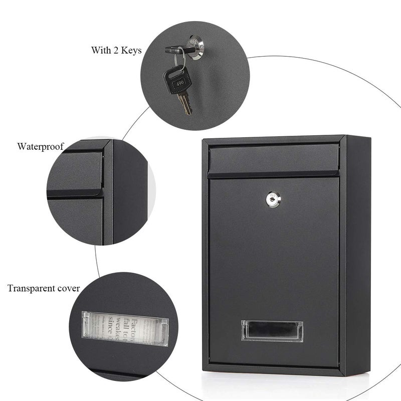 Jssmst Locking Mailboxes Wall Mounted Vertical Key Lock Drop Mail Box Medium Capacity Galvanized Steel Cover Rust-Proof Metal Post Box, 12.6 x 8.6 x 3.4 Inch, Black Matt, SM-0601LM - Image 3